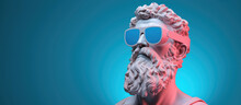Banner With White Sculpture Of Young Zeus In Blue Glasses On Blue Background With Copy Space.