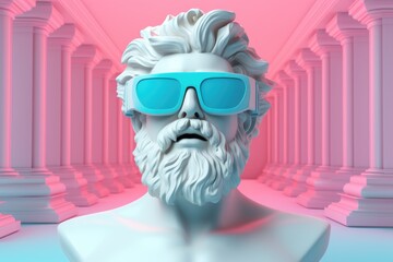 Wall Mural - White bust of Zeus wearing blue glasses against pink perspective colonnade.