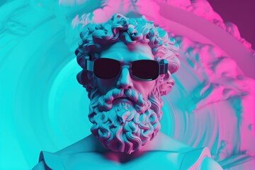 Sculpture of Zeus wearing trendy dark glasses on a neon tunnel background.