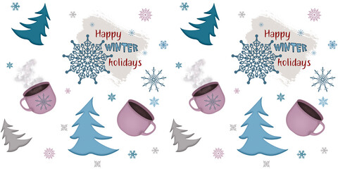 seamless pattern of blue winter trees and a hot cup of cold pink coffee surrounded by snowflakes of different sizes and colors, the inscription happy winter holidays