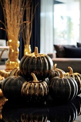 Wall Mural - Modern interrior decoration with decorative pumpkins for autumn, thanksgiving, fall, halloween