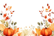 Autumn Panorama And Pumpkins Colorful Watercolor Frame. Autumn. Vector  Design.