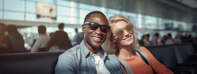 Sticker - Portrait of a couple waiting to board an airplane in the airport waiting area