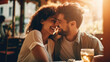 couple of young woman and man kissing and hugging on bar table or restaurant. love and romance concepts