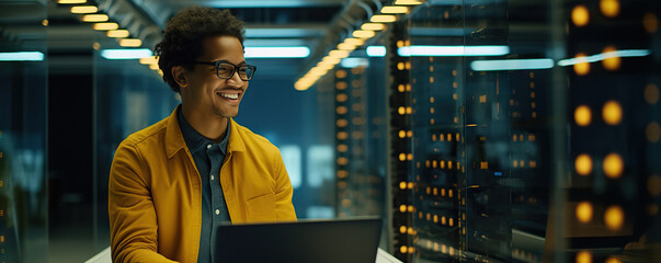 cheerful man working diligently in a data center. digital world in male professional hands. copy spa