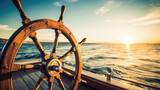 Fototapeta  - ship wheel on boat with sea and sky. freedom and adventure. direction concept