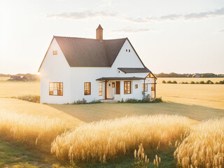 Wall Mural - A serene farmhouse surrounded by vast fields of wheat - AI Generative