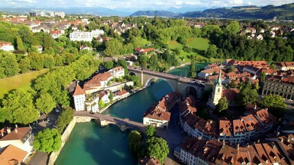 Sticker - old town of Bern capital city of Switzerland. , aerial drone 4k video. Swiss travel destinations
