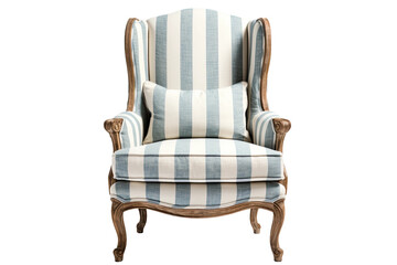 Wall Mural - a blue and white striped wingback chair isolated on a transparent background, generative ai