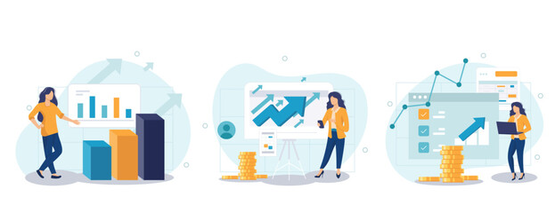 Wall Mural - Business growth collection of scenes isolated. People analyze financial data, successful strategy, set in flat design. Vector illustration for blogging, website, mobile app, promotional materials	
