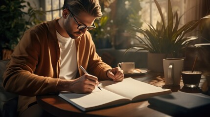 Handsome and Smart Male Writing on Blank Book Using Pen Wearing Casual Outfit