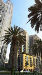 Wall Mural - Dubai city, cityscape during daytime, skyscrapers with blue sky daytime, Burj Khalifa close up vertical 4k video