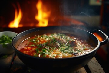 Wall Mural - A pot of soup with meat and vegetables, perfect for a hearty meal. This versatile image can be used to illustrate recipes, cooking blogs, or food-related articles.