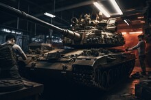 A Man Is Seen Standing Next To A Tank In A Warehouse. This Image Can Be Used To Depict Industrial Settings, Military Equipment, Or The Concept Of Strength And Power.