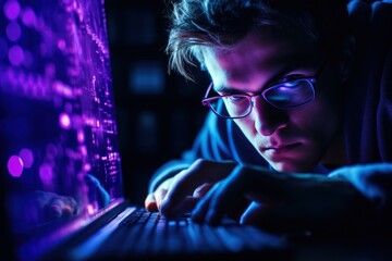 Poster - A man wearing glasses is seen typing on a laptop. This image can be used to depict concepts such as technology, work, business, communication, or remote work.