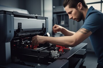 Wall Mural - a man is seen diligently working on a printer in a factory. this image can be used to illustrate the