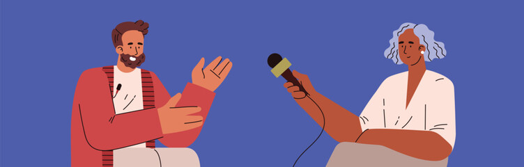 Journalist interviewing famous person, flat vector illustration isolated on blue background.