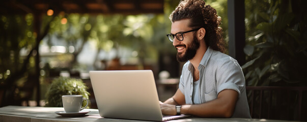 Cheerful young man working on a laptop on vacation. Copy space