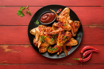 Chicken wings. Grilled or baked chicken wings with sesame seeds and ketchup or spicy tomato sauce on black plate on old wooden red table background. Top view with copy space.