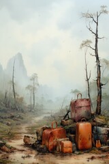 Sticker - A painting of a dirt road with a bunch of luggage, AI