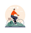Cycling man. Vector cartoon Illustration in flat style of a young man in casual clothes who rides a bicycle. Isolated on a nature background