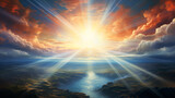 Fototapeta  - A stunning religious depiction: radiant heavenly light, the beacon of hope and happiness from the heavens..