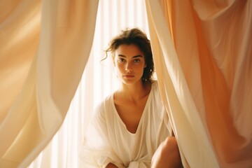 Wall Mural - Woman sitting near white curtain