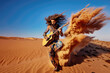 Handsome man with long flowing hair and tribal wardrobe playing guitar in the desert