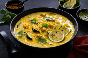 Poster - Curry soup with chicken meat, zucchini and chow mein  noodles on black background