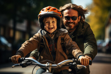 Wall Mural - A child learning to ride a bike with the support of a parent, representing attachment theory. Generative AI.