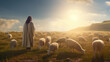 Divine Guidance in Golden Rays: Jesus Christ, the Shepherd, leading his flock with grace, offering prayers under the radiant embrace of heaven's sunlight.