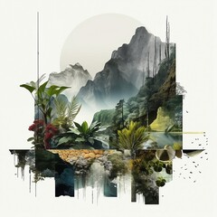 An abstract collage that combines elements of nature and technology