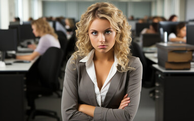 An attractive woman in an office environment with a questioning face saying 