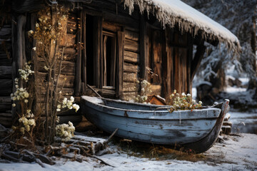 Canvas Print - The texture of a worn wooden sled is showcased as it rests against a vintage cabin, invoking a sense of nostalgia and wintery charm. Generative Ai.