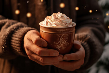 Poster - A person's hand holds a cup of hot cocoa topped with whipped cream, highlighting both the visual and sensory aspects of winter indulgence. Generative Ai.