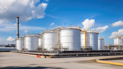 Natural Gas Tank. Large vessels or tanks filled with natural gas at a natural gas processing plant. Bright blue sky, nobody.