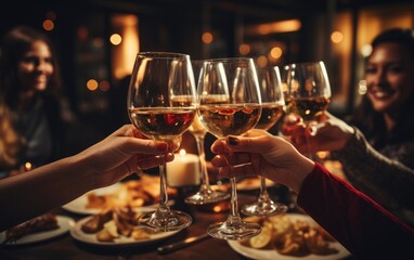 Friends toasting white wine at dinner party in restaurant. Generative AI