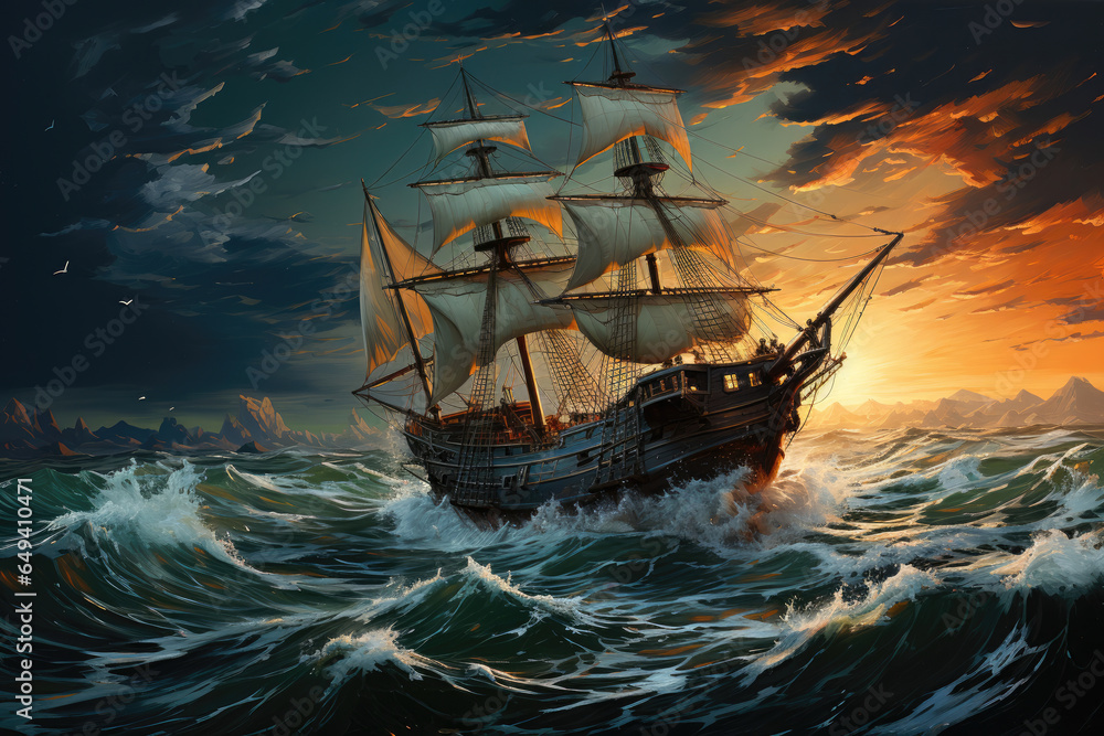 Pirate ship in the sea: Action painting of a ship on turbulent ocean ...