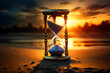 Sand hourglass on the beach with sunset.

