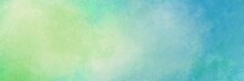 Abstract Blue Green Background With Texture, Gradient Cloudy Light Green To Blue Colors With Soft Sponged Watercolor Painted White Misty Fog