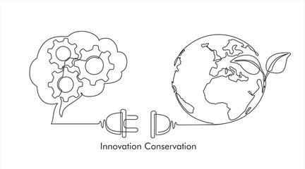 Wall Mural - Earth globe with plant, thoughts  in a brain with gears in one continuous line drawing. Concept of Eco innovation, idea of green energy and global solution with electricity in simple doodle