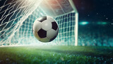 Fototapeta Fototapety sport - Soccer ball kicked into the goal net on the football field background.ai generative