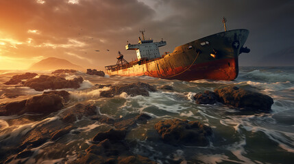 oil tanker ran aground near shore.ai generative