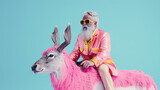 Fototapeta  - Bright Santa Claus in Rococo style ride in deer on pink cloud. An attractive hipster Santa Claus. Minimal winter holidays idea.