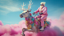Bright Santa Claus In Rococo Style Ride In Deer On Pink Cloud. An Attractive Hipster Santa Claus. Minimal Winter Holidays Idea.