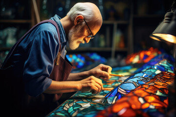 Canvas Print - A stained glass artisan assembling colorful glass pieces. Generative Ai.