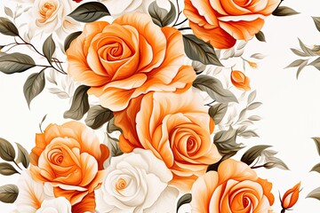 Poster - white and orange roses watercolor pattern in white background 