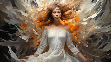 Poster - portrait of beautiful woman with angel wings in white