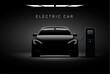 Electric car ev charge station vector concept. Electric vehicle charger energy background neon battery illustration