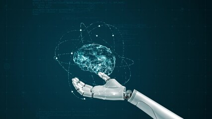 Wall Mural - motion graphic of ai robot arm and blue digital brain with particle ring circle orbit rotation on fu